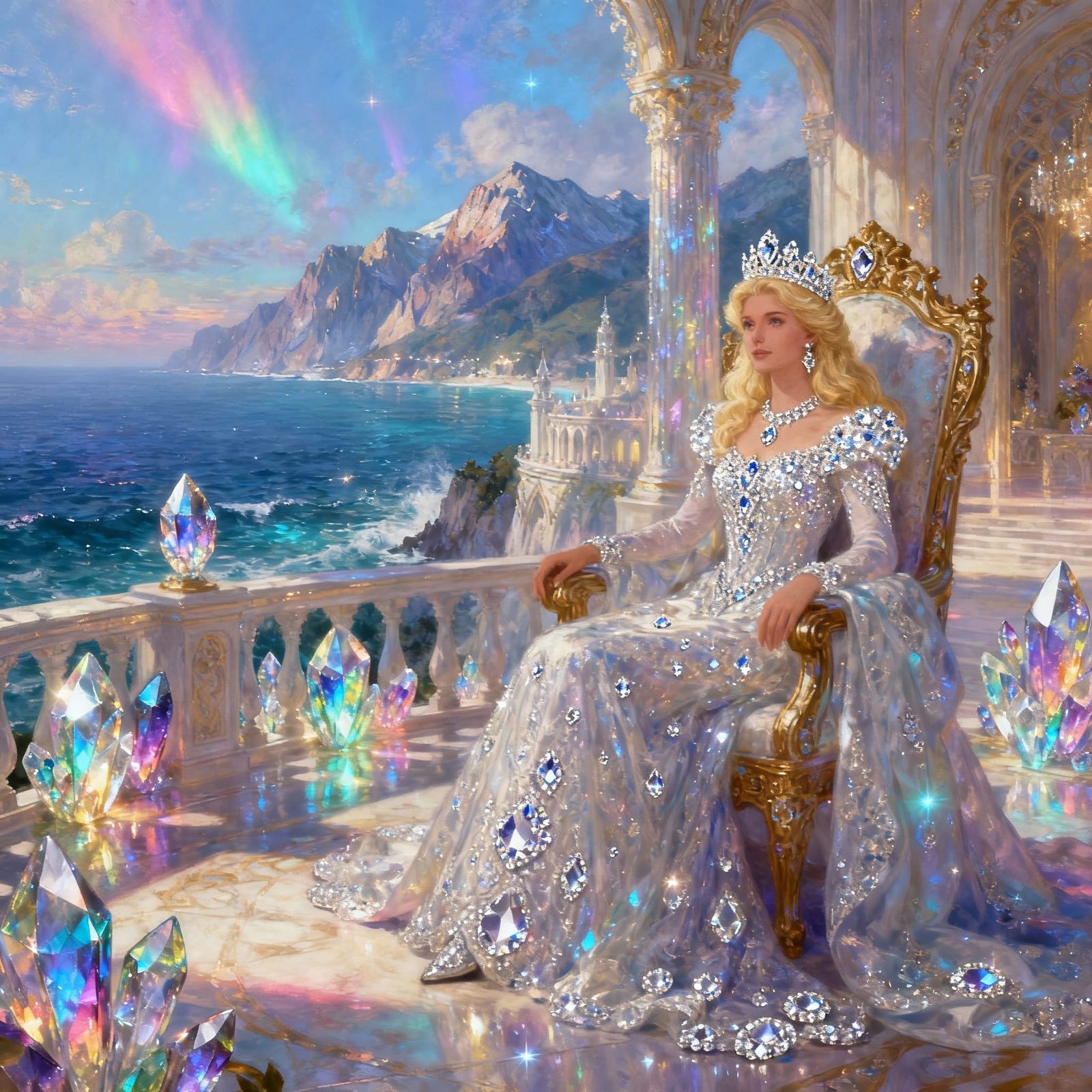 Regal Diamond Queen Overlooking Ocean and Mountains