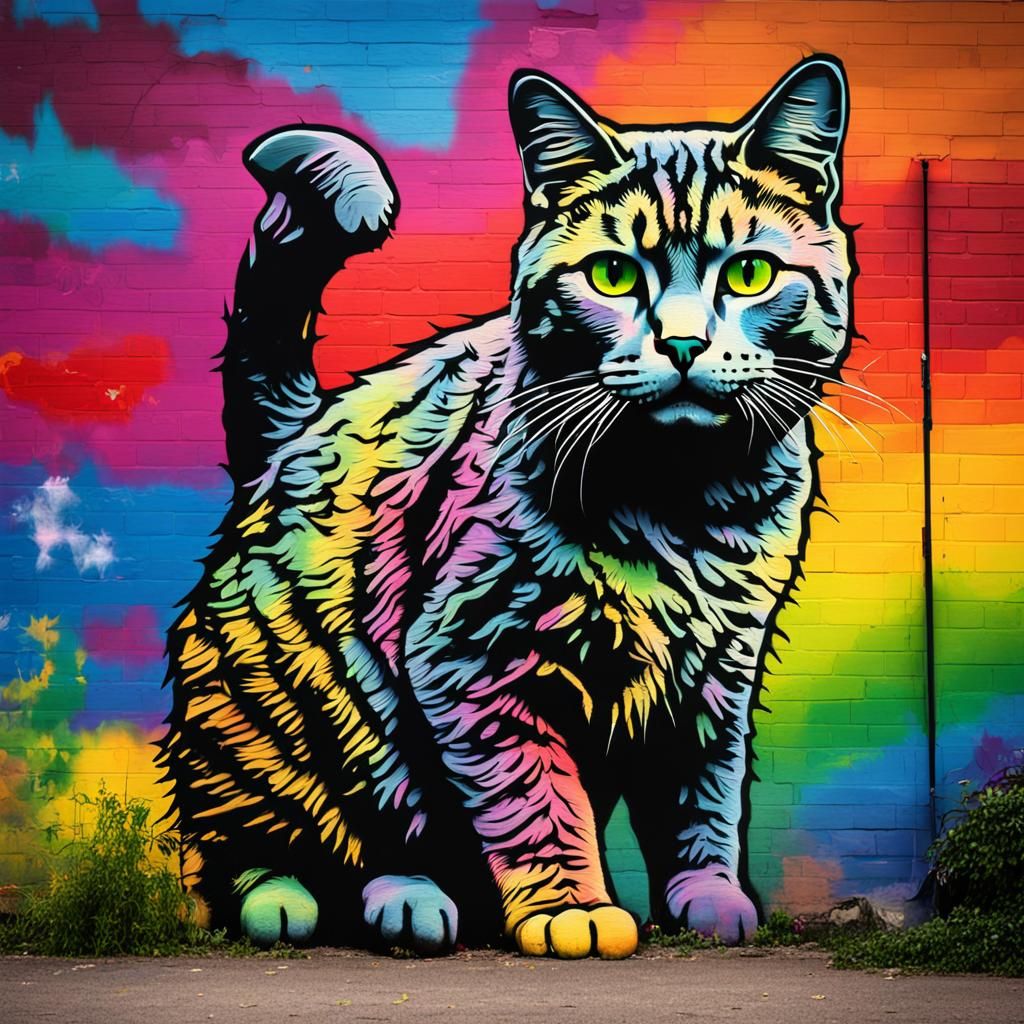 Banksy Style Rainbow Cat Graffiti Art