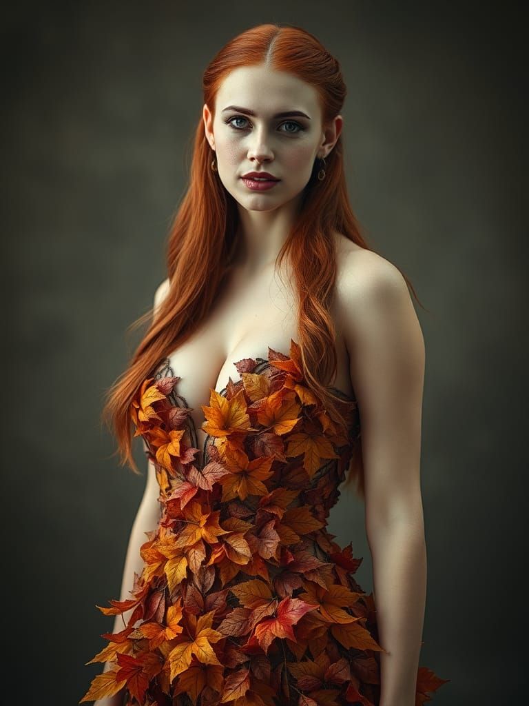 Redhead in Autumn Leaf Dress: Cinematic Still