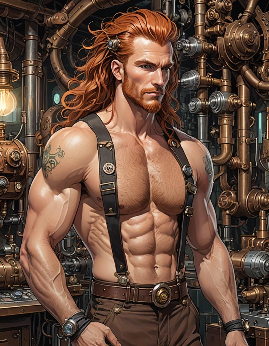 Steampunk Mechanic in the middle of fixing a machine
