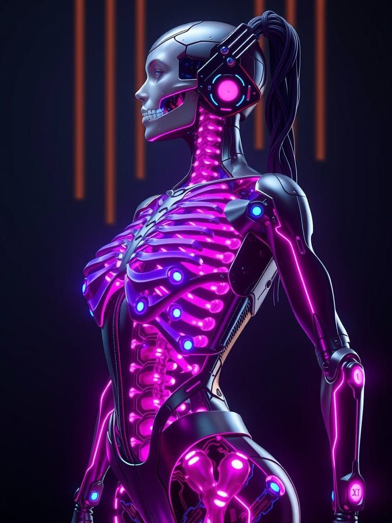 a Perfecr body army Woman with Bio Mechanic Skeleton. Her bones illuminated with puple lights in dramatic exposures,  th...