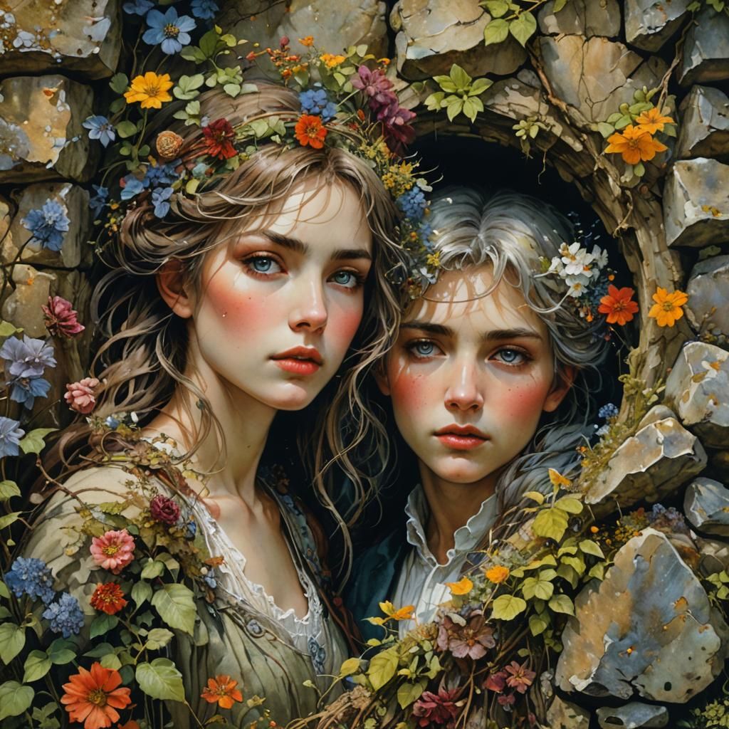 Blooming Garden Through Stone Wall, Fantasy Art