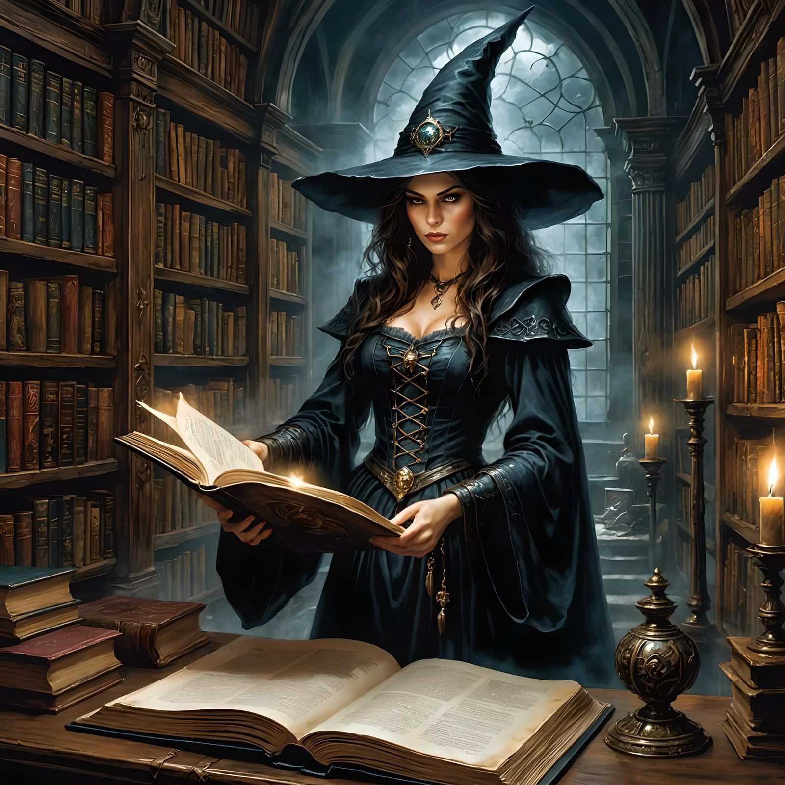 Pretty Witch Casting Death Spell in Dark Library