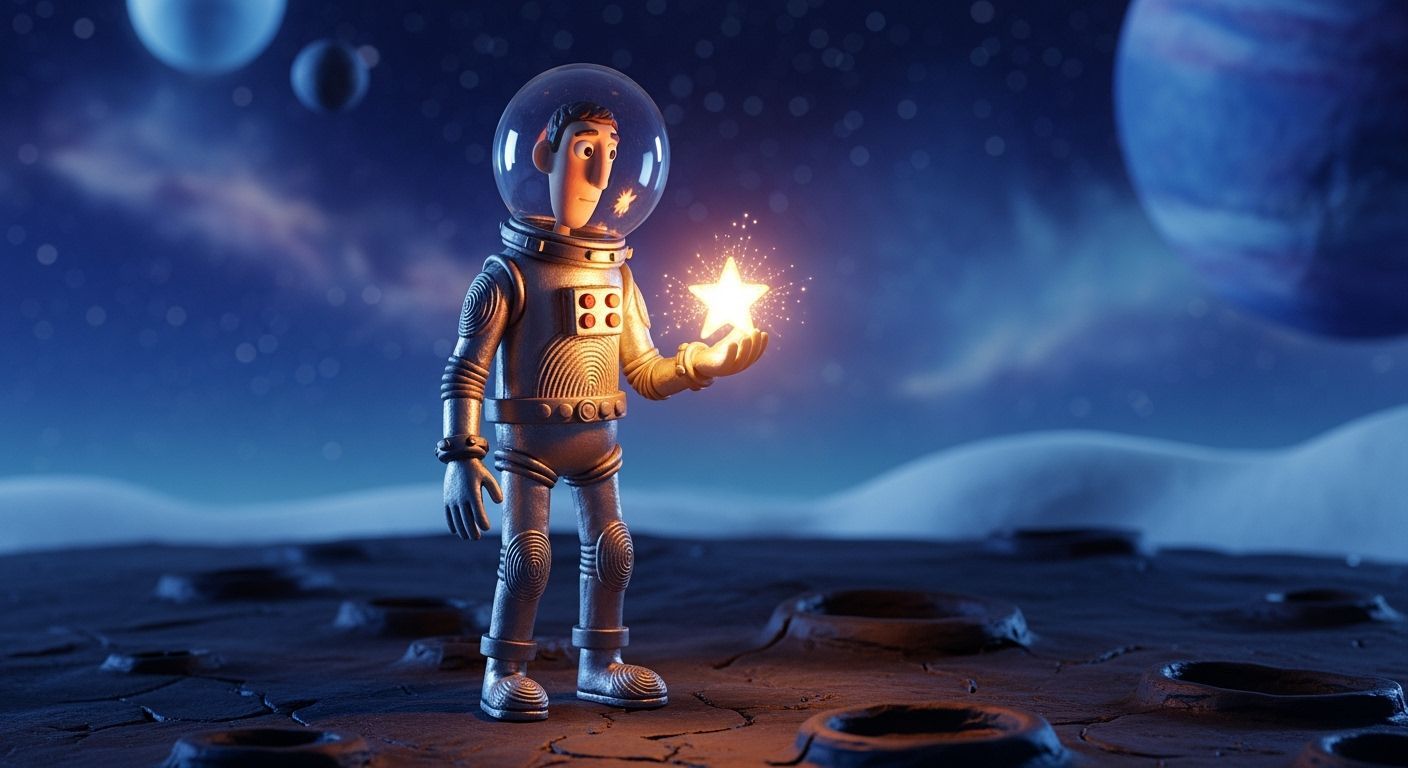 Claymation Astronaut with Star on Desolate Moon