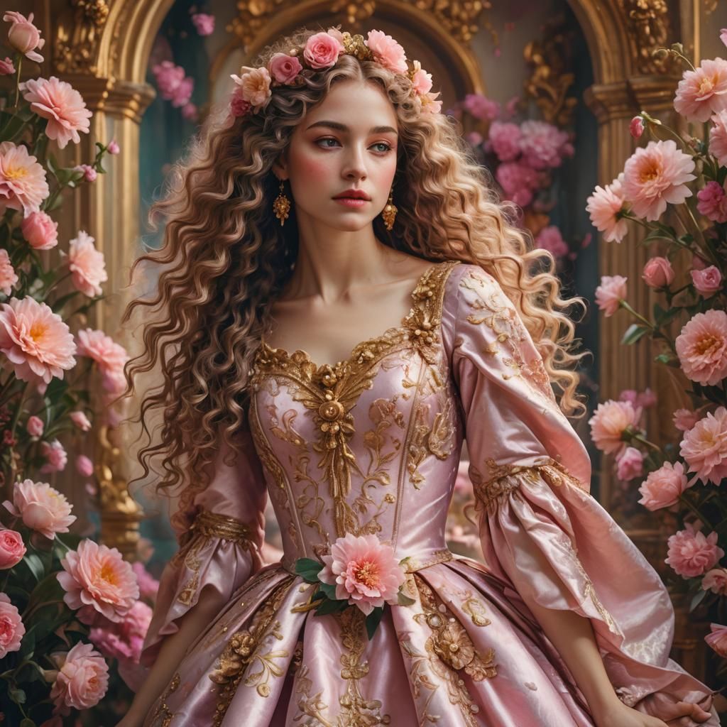 Baroque Pink Portrait of Woman with Flowers