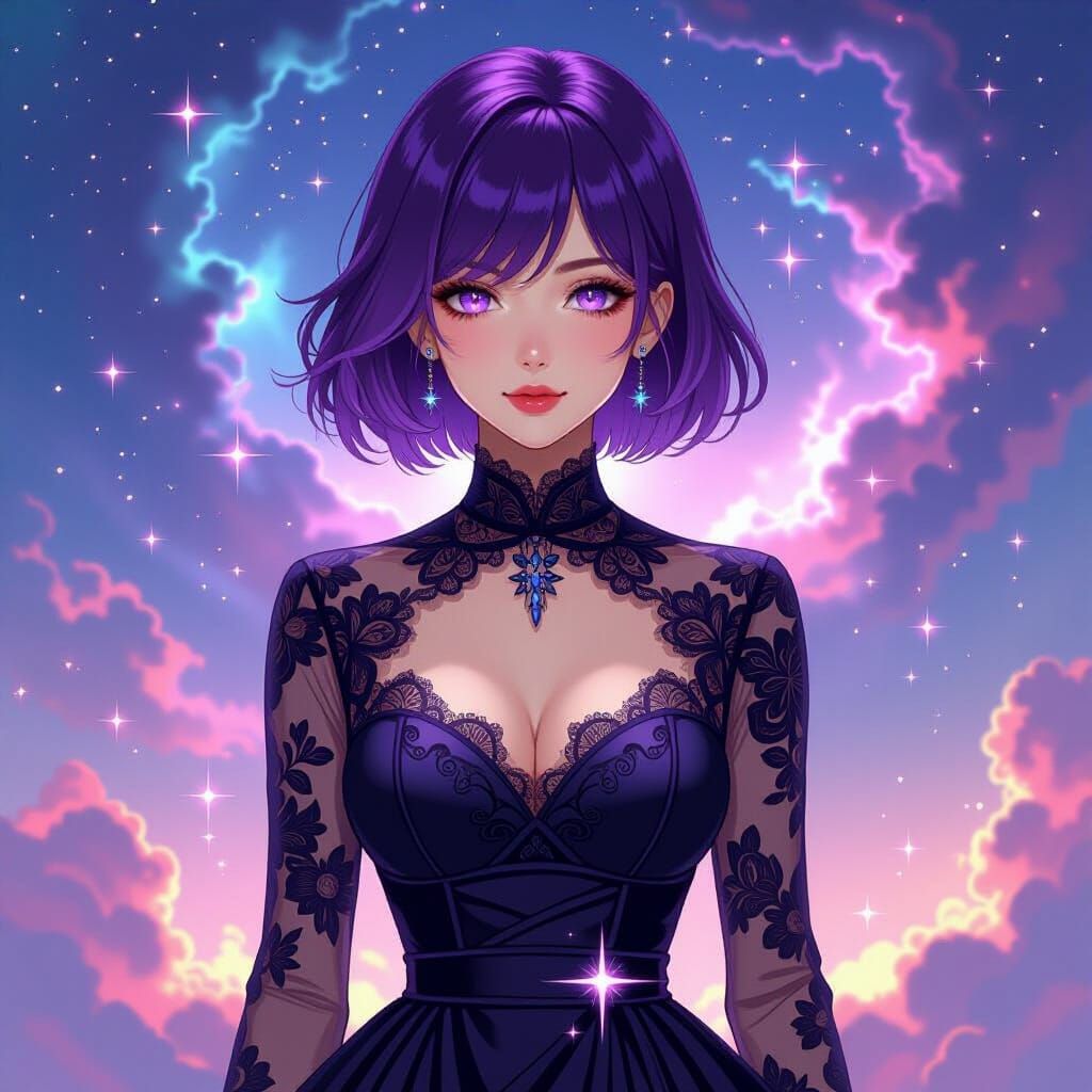 Anime Woman in Cosmic Gothic Dress with Nebula Eyes