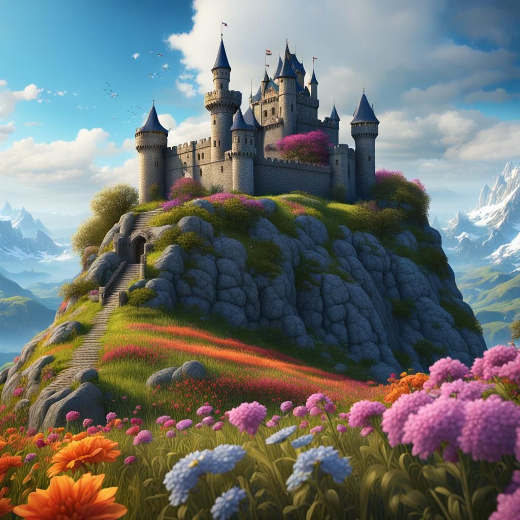 Colorful Castle on Hill: Fantasy Concept Art