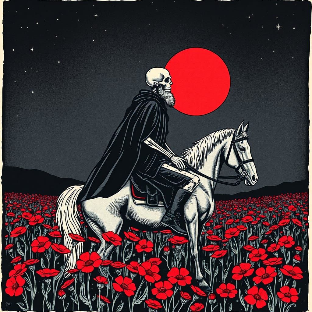 Skeleton Horseman in Field of Flowers, Linocut Style