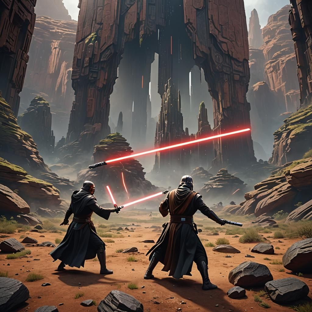 Epic Jedi Lightsaber Duel in Detailed Matte Painting