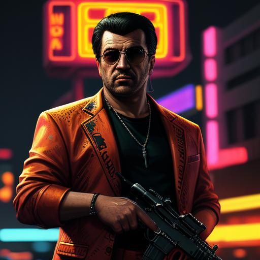 Miami Gangster with Gun in Neon Vice City Style