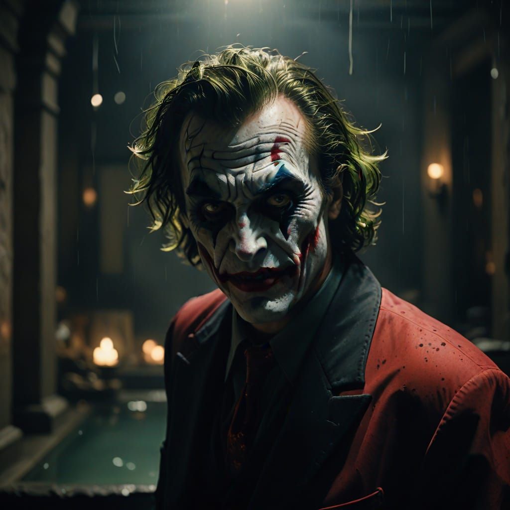 Mysterious Joker Figure in Dark, Cinematic Setting