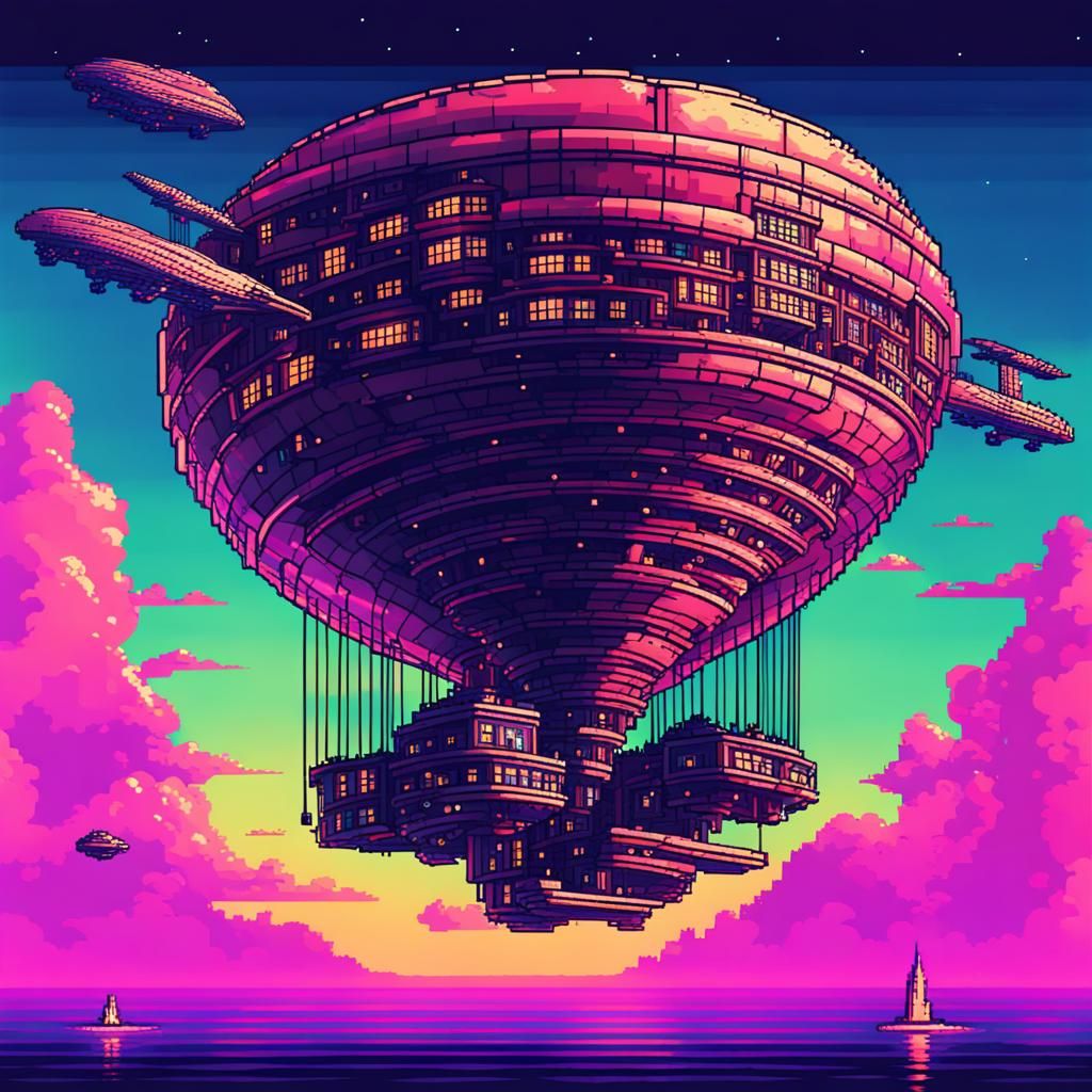 16-bit Pixel Art: Floating City with Airships