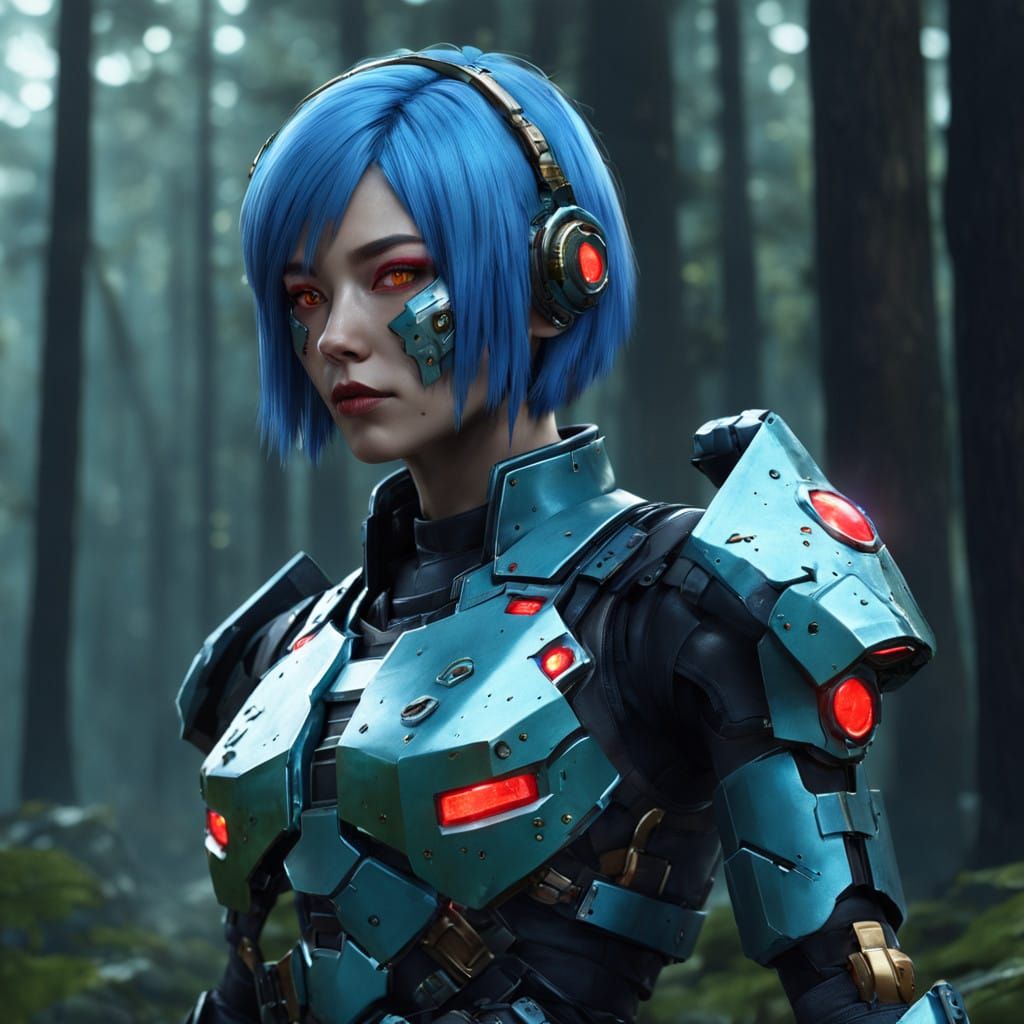 Cyborg Warrior in Neon-Lit Fantasy Armor