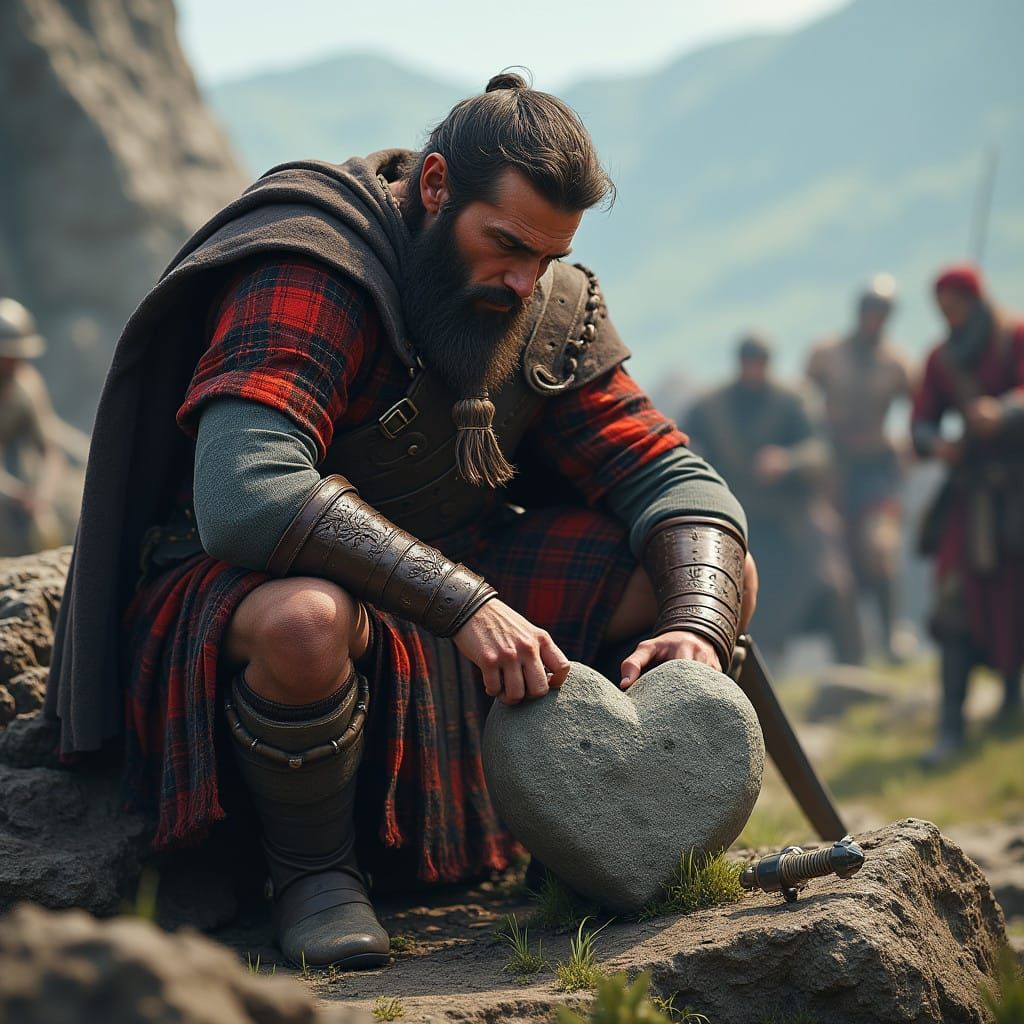 Scottish Warrior Carving a Stone Heart Amidst Battle