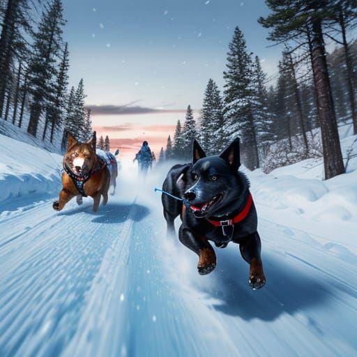 Dogs Pulling Sled in Snowy Arctic Landscape