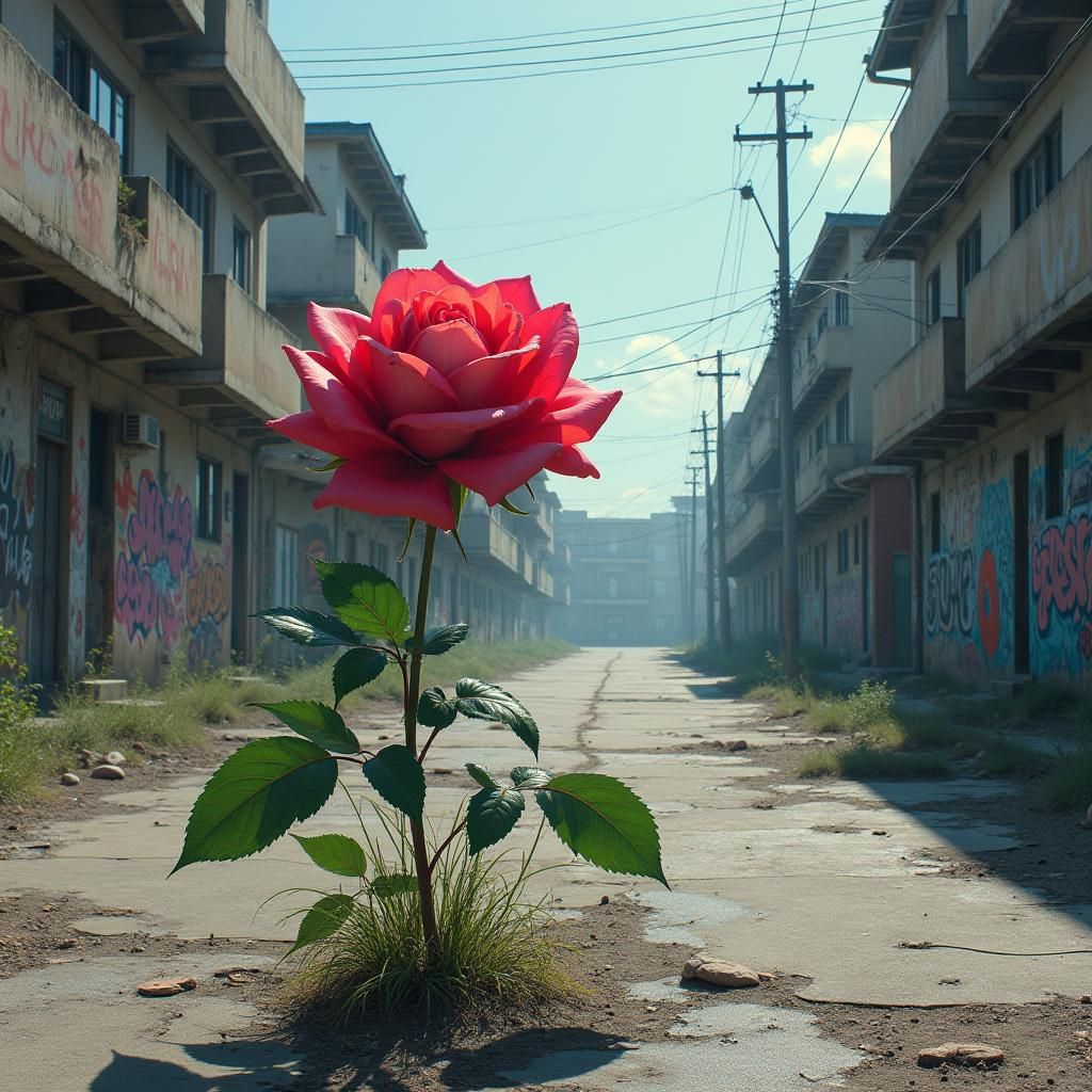Rose Blooms in Desolate Urban Landscape as Matte Painting