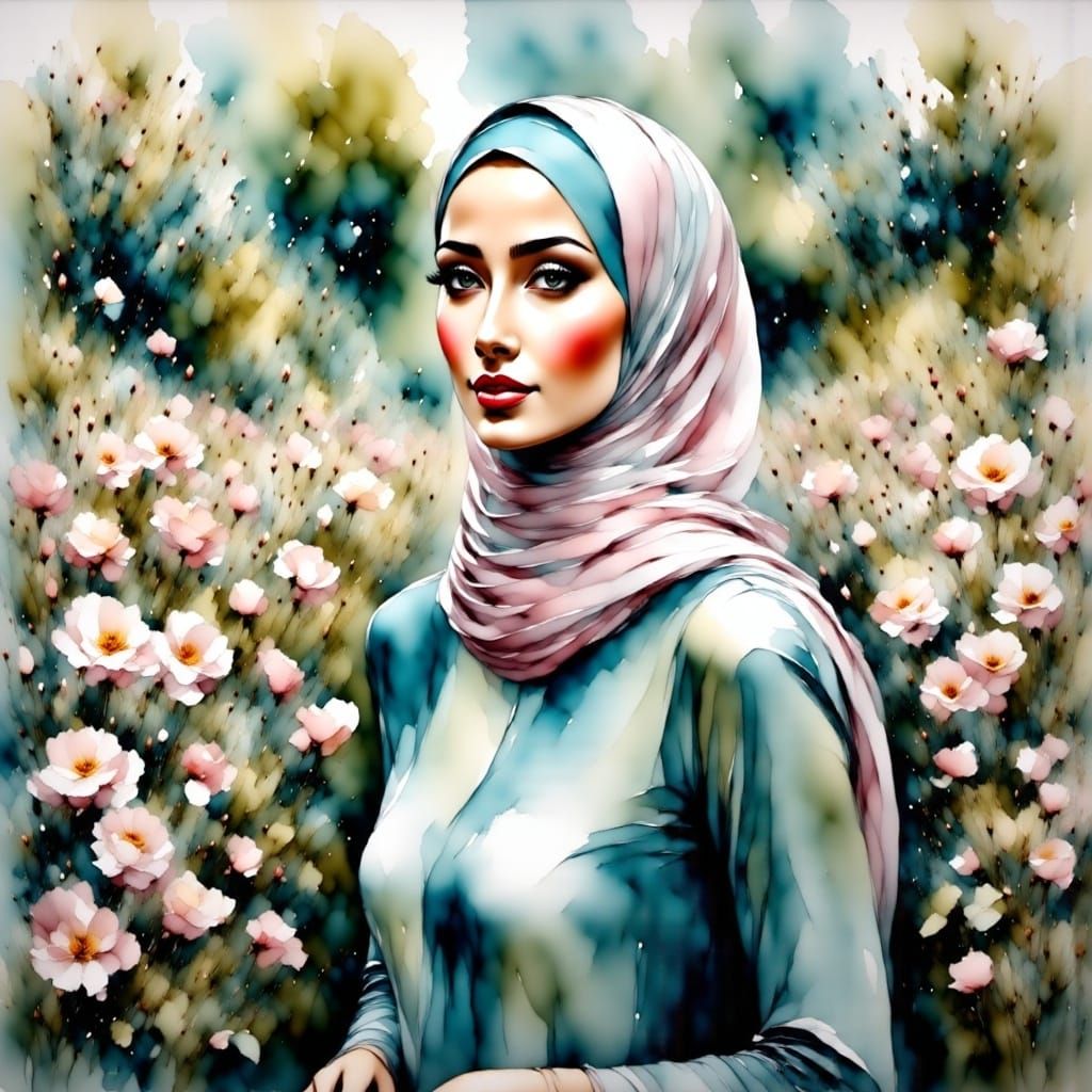 Hijabi Woman in Rose Field, Romantic Portrait
