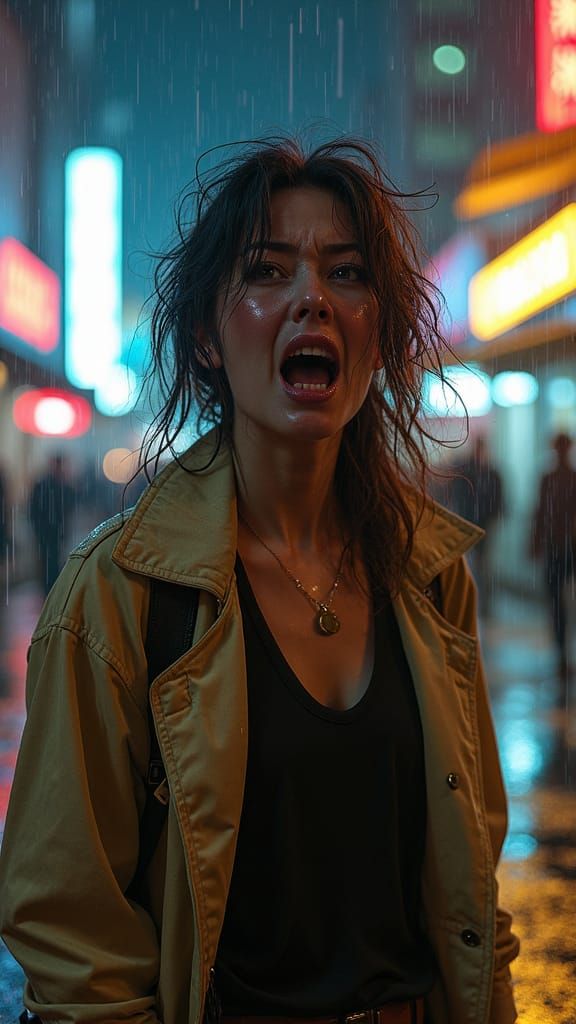 Woman's Intense Emotion in Rain-Soaked Street