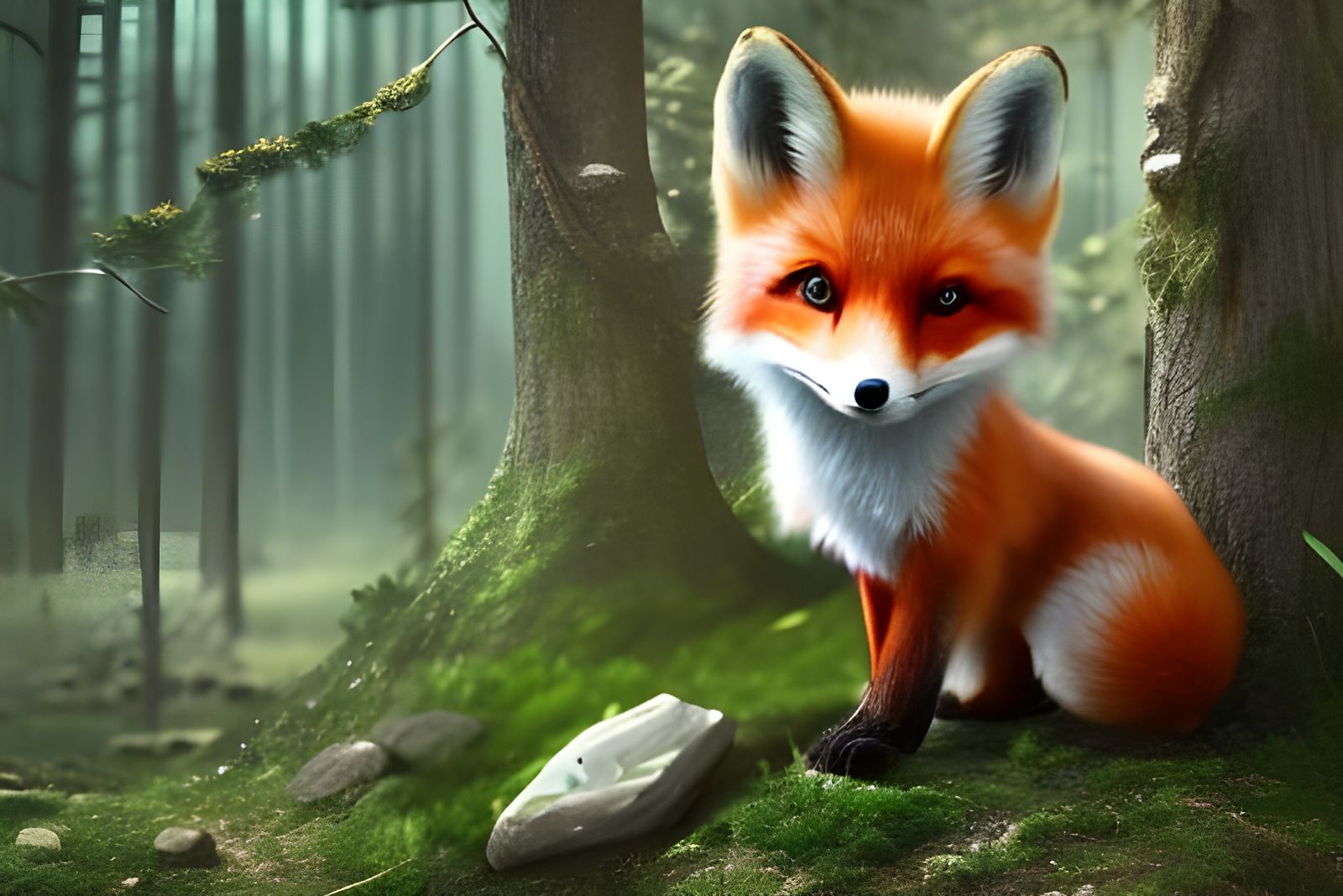 Adorable Chibi Fox in Forest, Hyperdetailed Digital Art