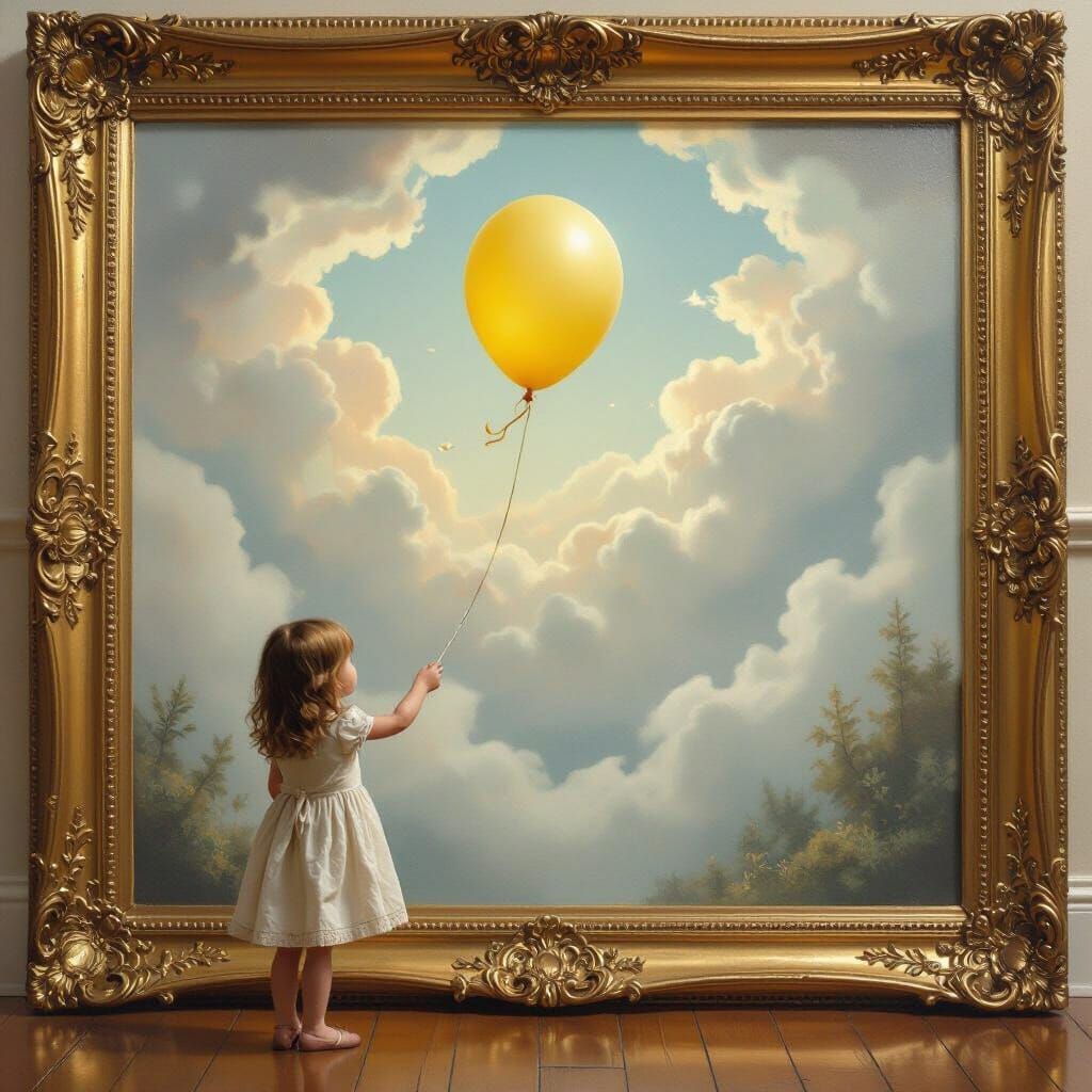 Girl Holds Magical Yellow Balloon Escaping Painting