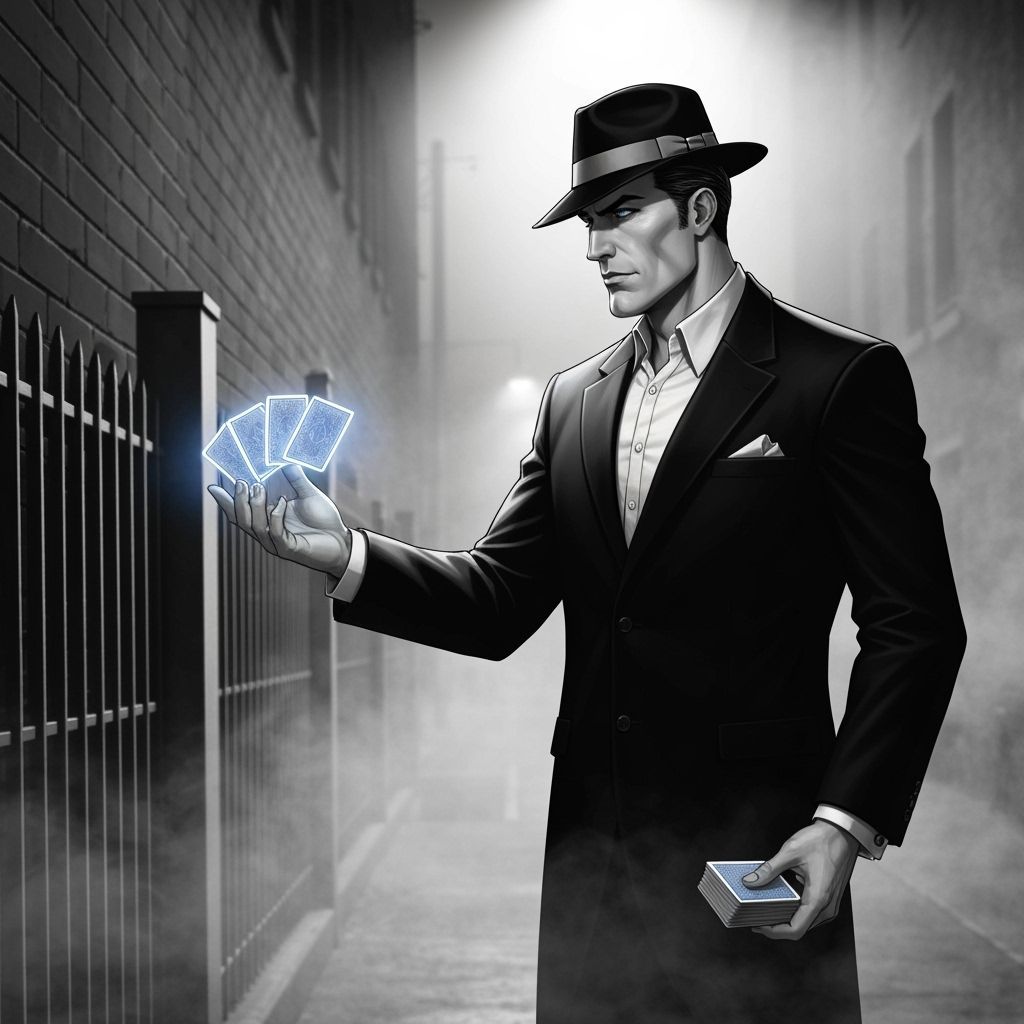 Noir Gangster Tosses Glowing Cards: Comic Book Style