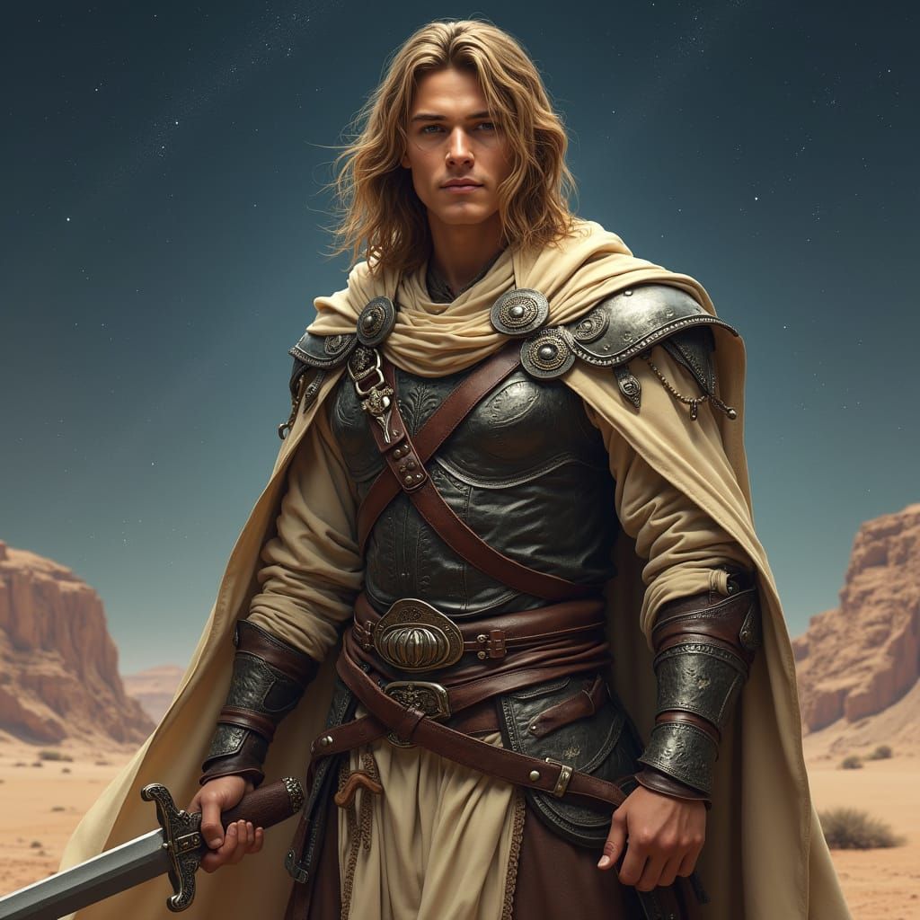 Fantasy Warrior in Starry Desert, Photorealistic Detail