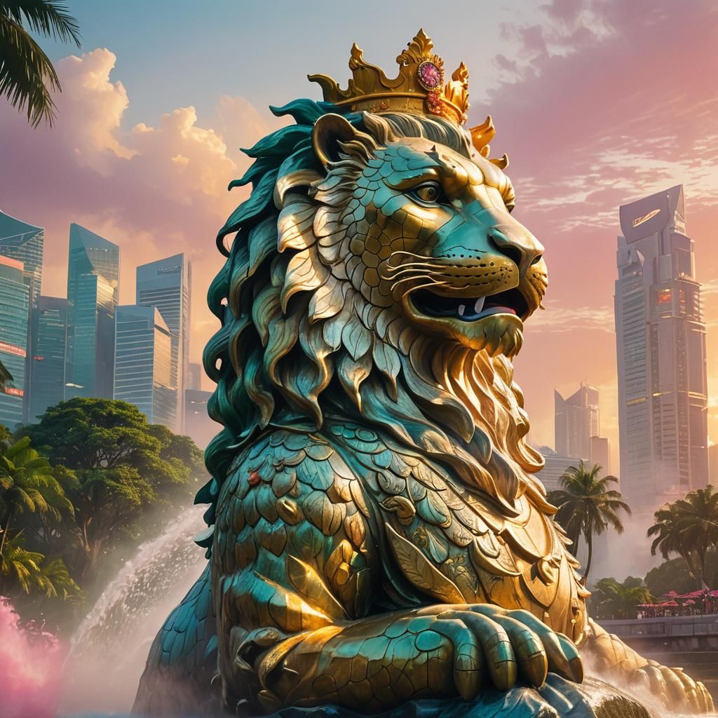 Singapore Merlion Impressionist Painting with Golden Light