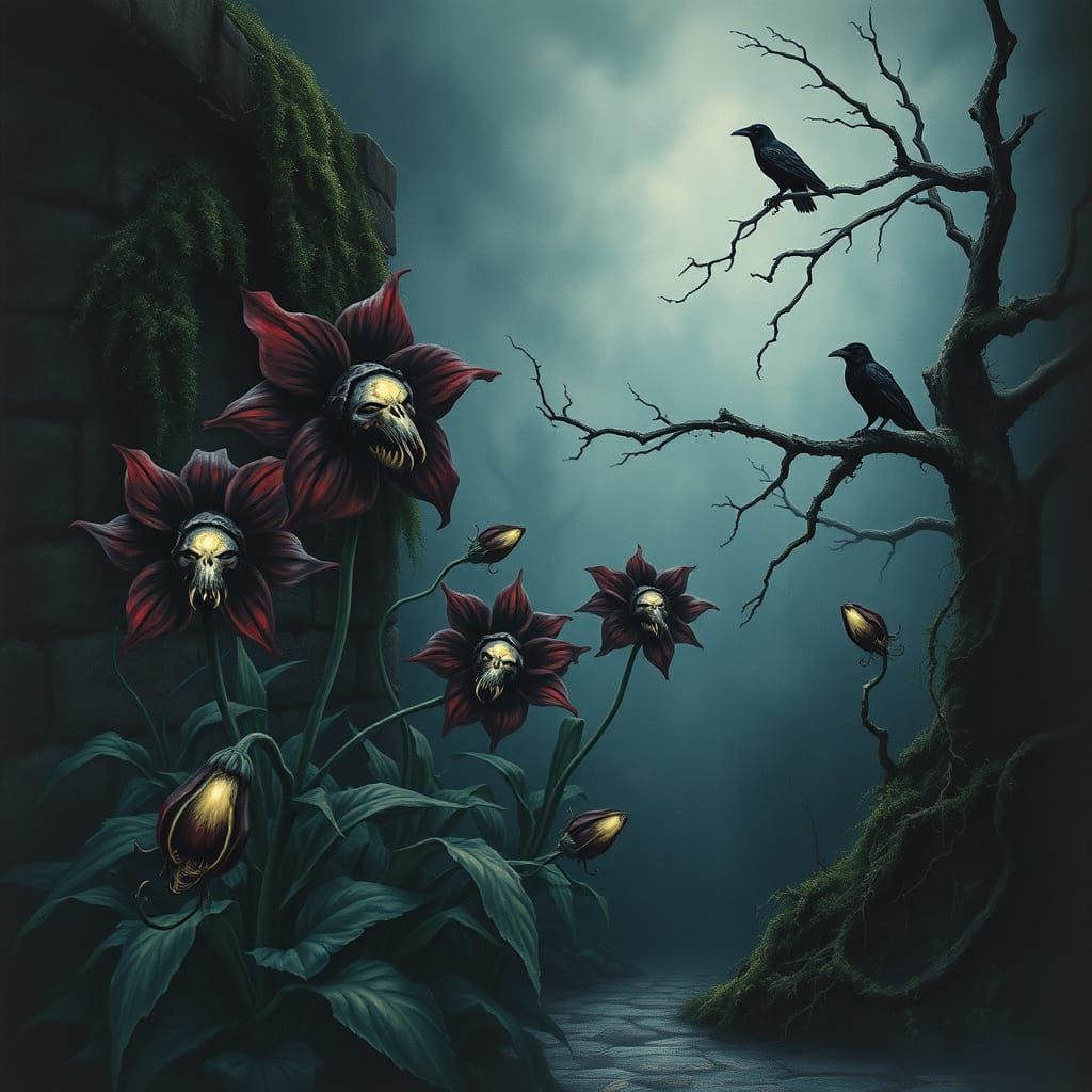 Gothic Garden with Eyed Flowers in Gouache Style