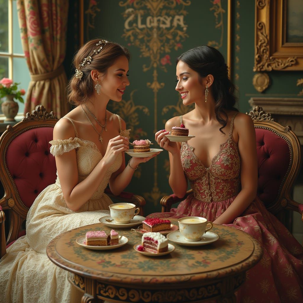 Elegant Friends Enjoying Tea in Lavish Setting