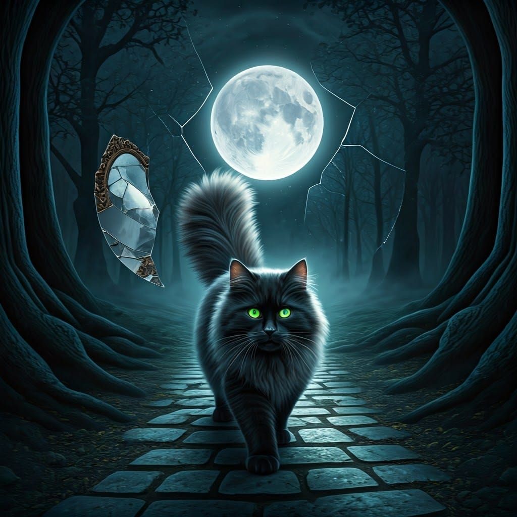 An adorable fluffy black cat crossing a path in front of a f...