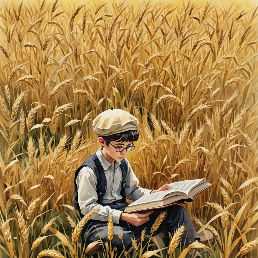Jewish Boy Studying Talmud in Wheat Field, Pixar Watercolor