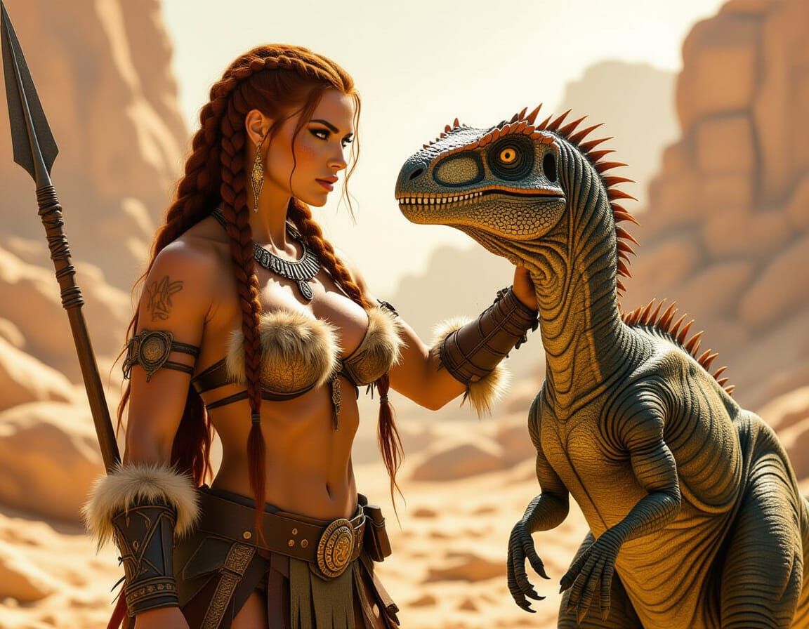 Baroque Barbarian Woman Petting Velociraptor