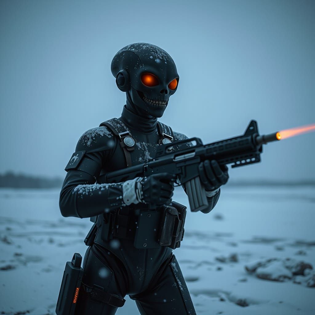 Alien Soldier in Snowstorm Landscape