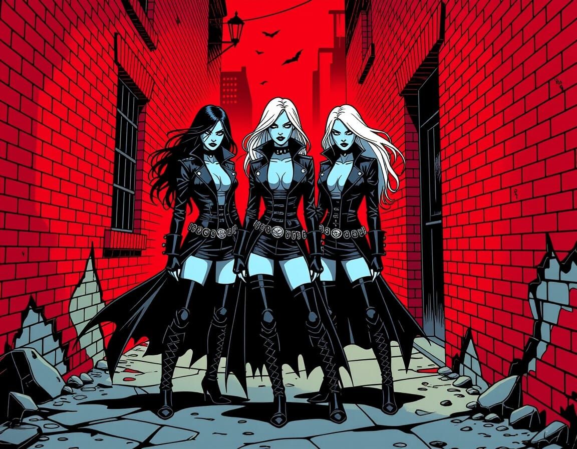 Gothic-Punk Women in Urban Alley, Graphic Novel Style