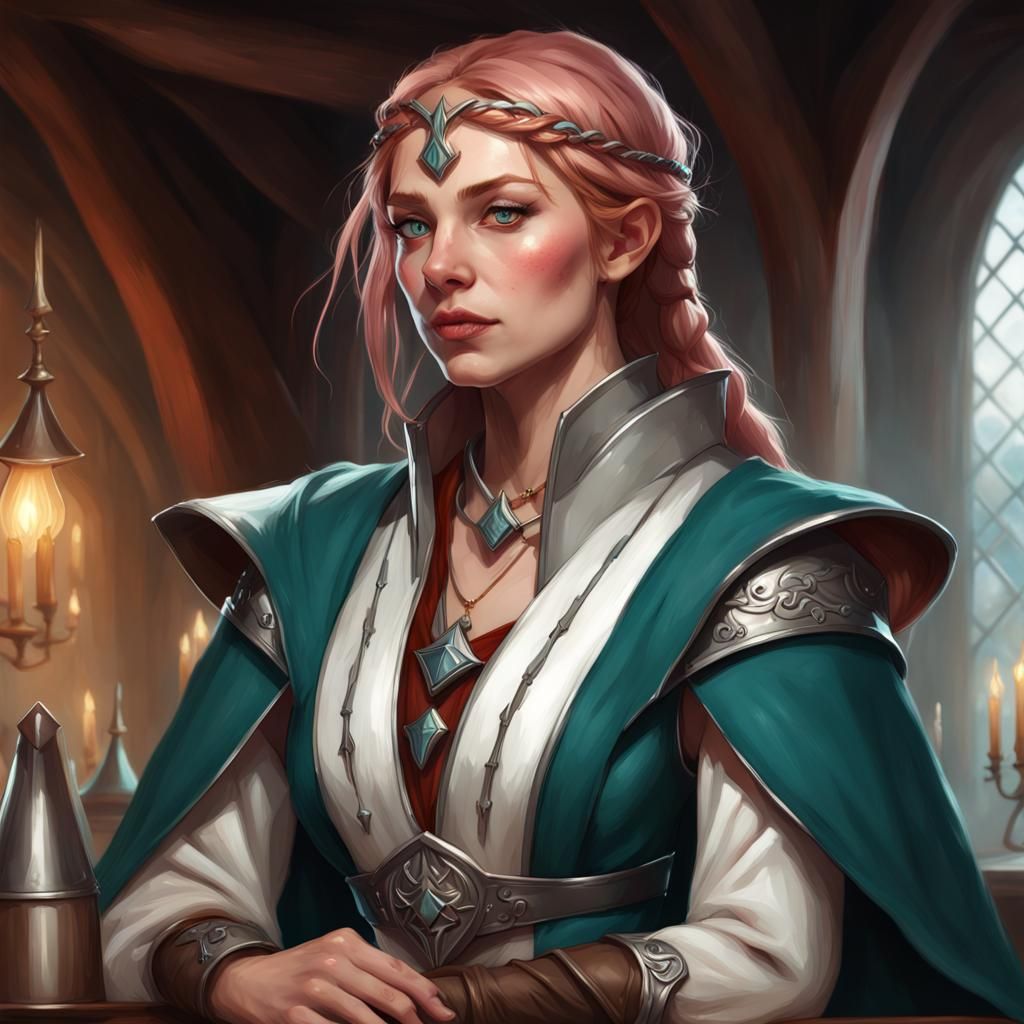 Auburn Elf Cleric Portrait in Art Nouveau Style