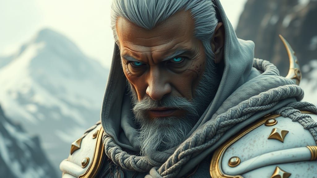 White-Haired Warrior in Gold Armor, Cinematic Fantasy Art