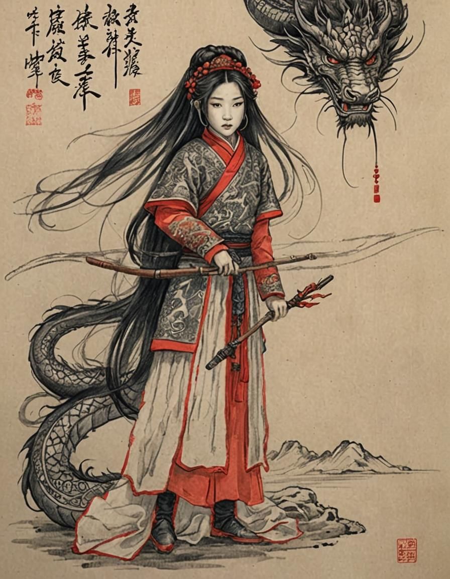 Medieval Chinese Princess in Pen and Ink Sketch