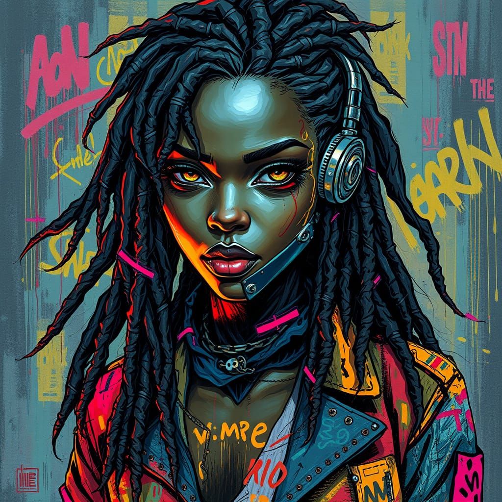 African American Cyborg Woman in Graffiti Style