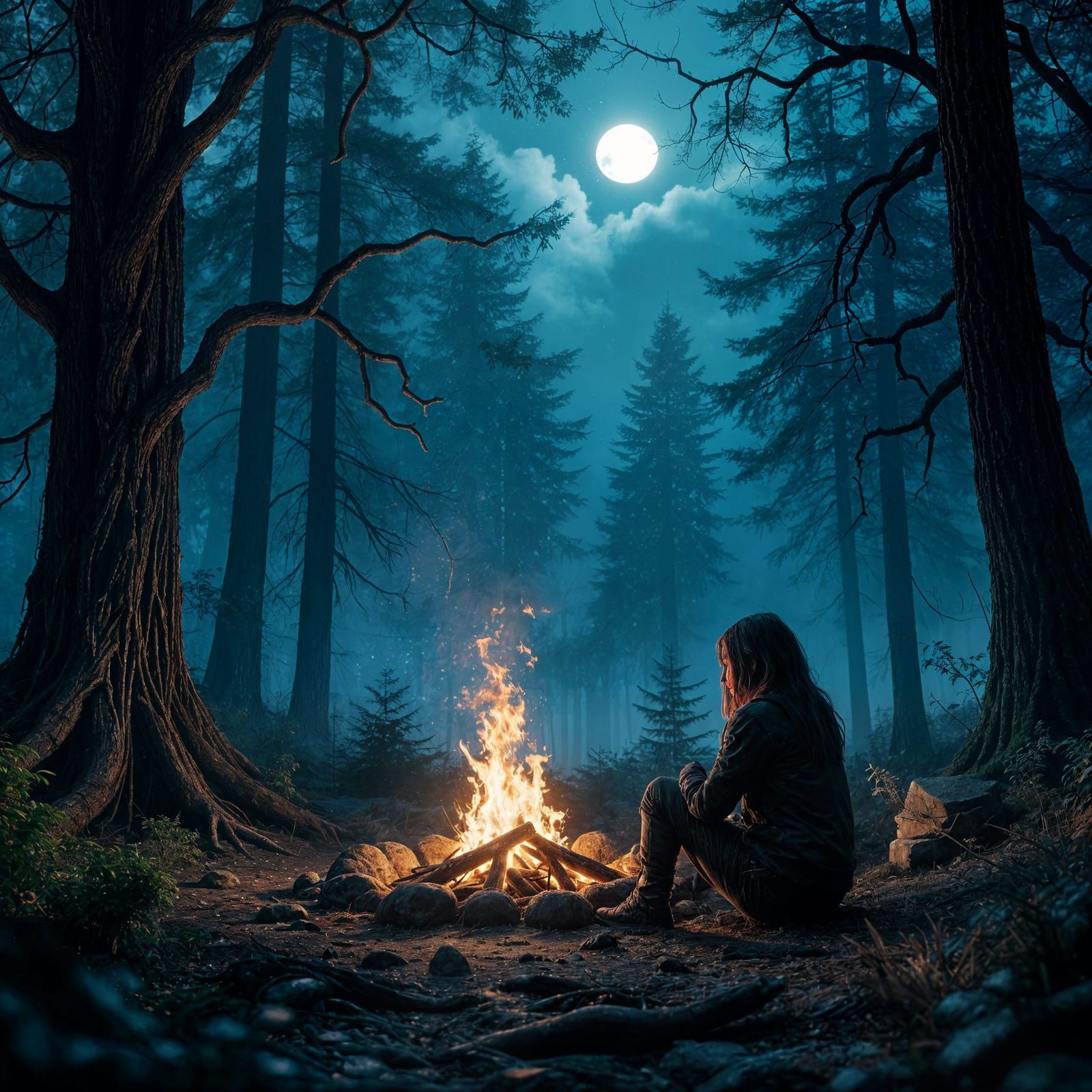 Eerie Night: Campfire Shadows in Hyperrealistic Forest