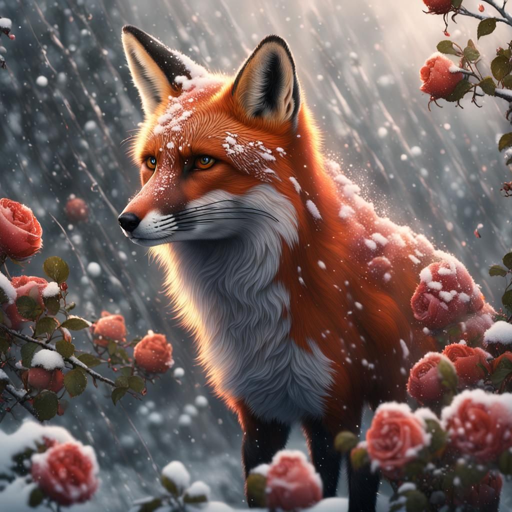 Fox in Snowstorm Among Roses: Detailed Matte Painting