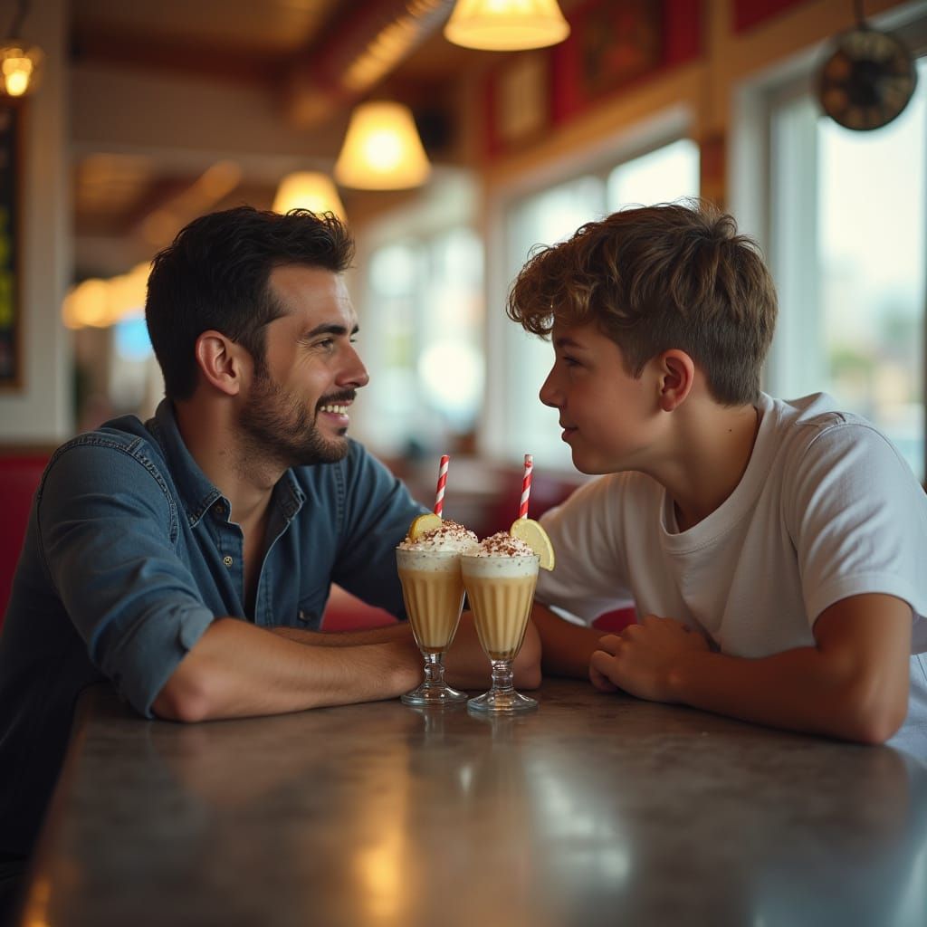 Father and Son Chatting Over Milkshakes at Diner