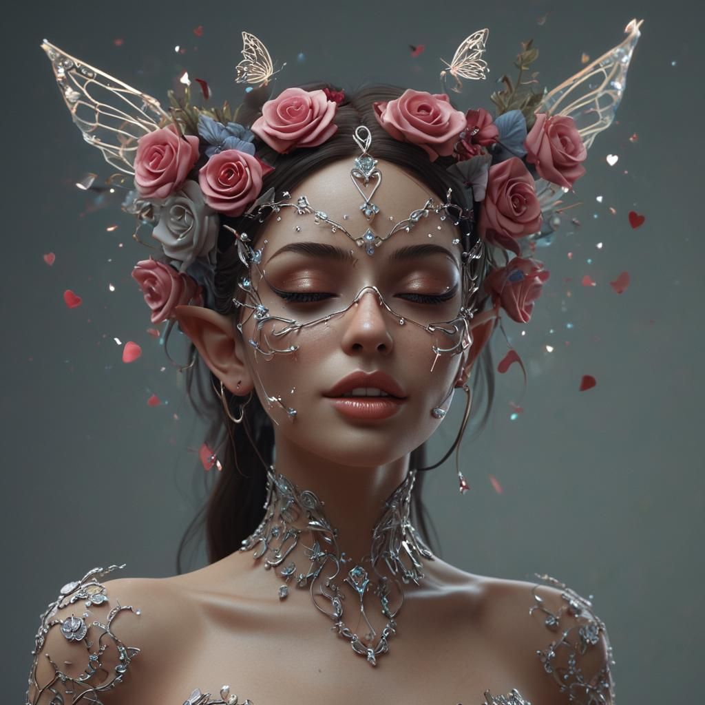 Butterfly Woman with Rose Mask, 3D Rendered