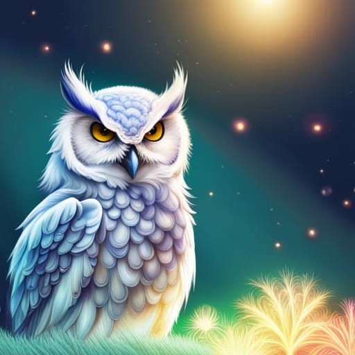 Cute Blue Owl with Fractal Flowers in Pixel Art