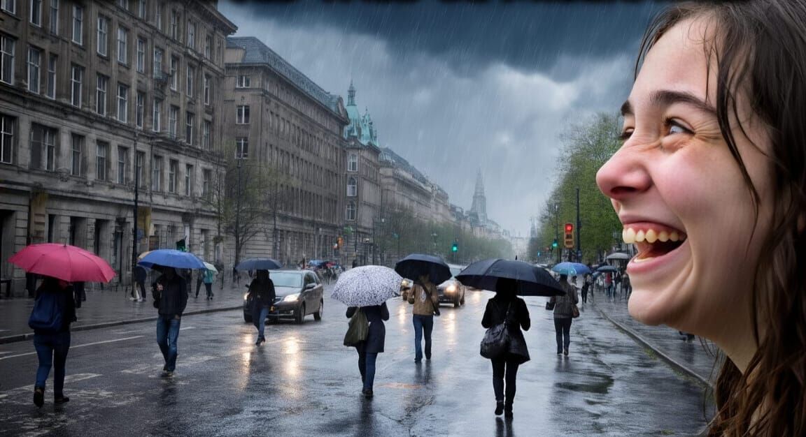 Rainy City Street Scene with Crazy Font