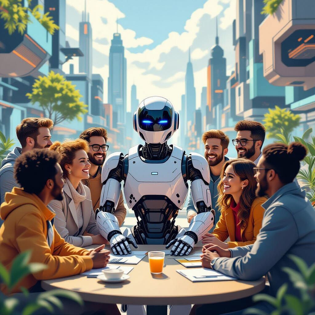 Futuristic Robot Collaborates with Humans in Vibrant Citysca...