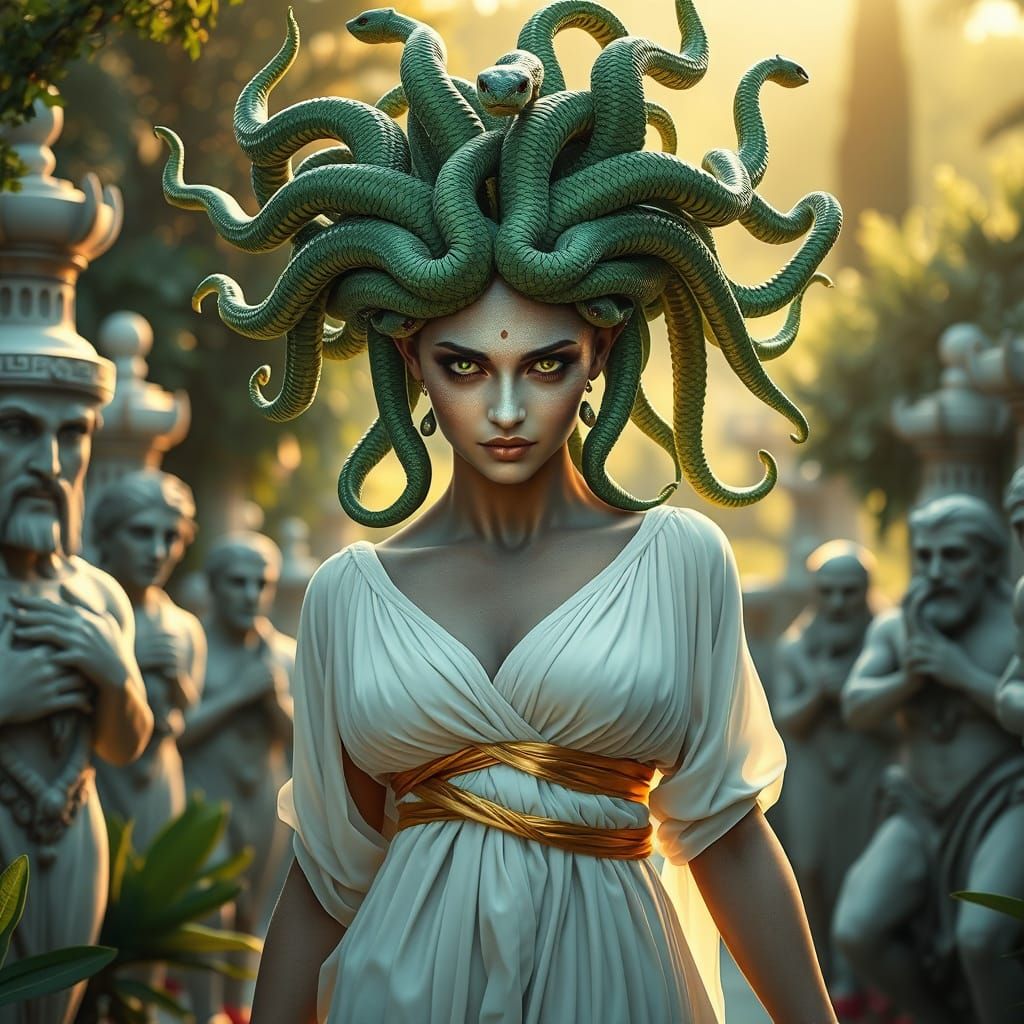 Detailed Portrait of Medusa in a Garden