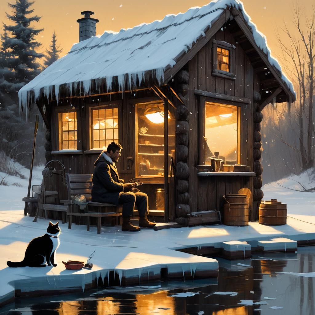 Cozy Winter Ice Fishing Scene in Rockwell Style
