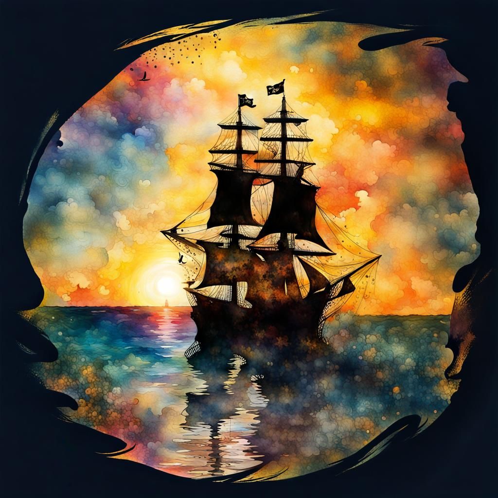 Silhouette Sunset with Pirate Ship in Watercolor Style