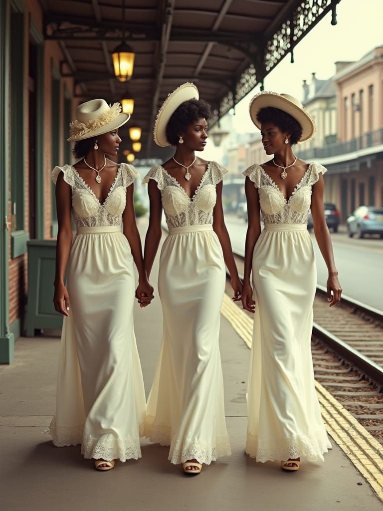 Elegant Women in White Victorian Dresses, New Orleans