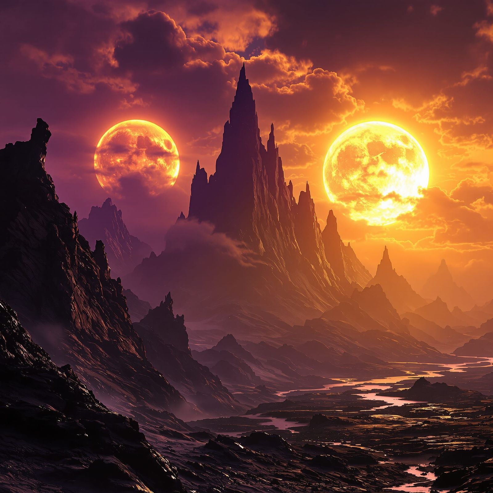 Alien World: Twin Suns over Jagged Peaks